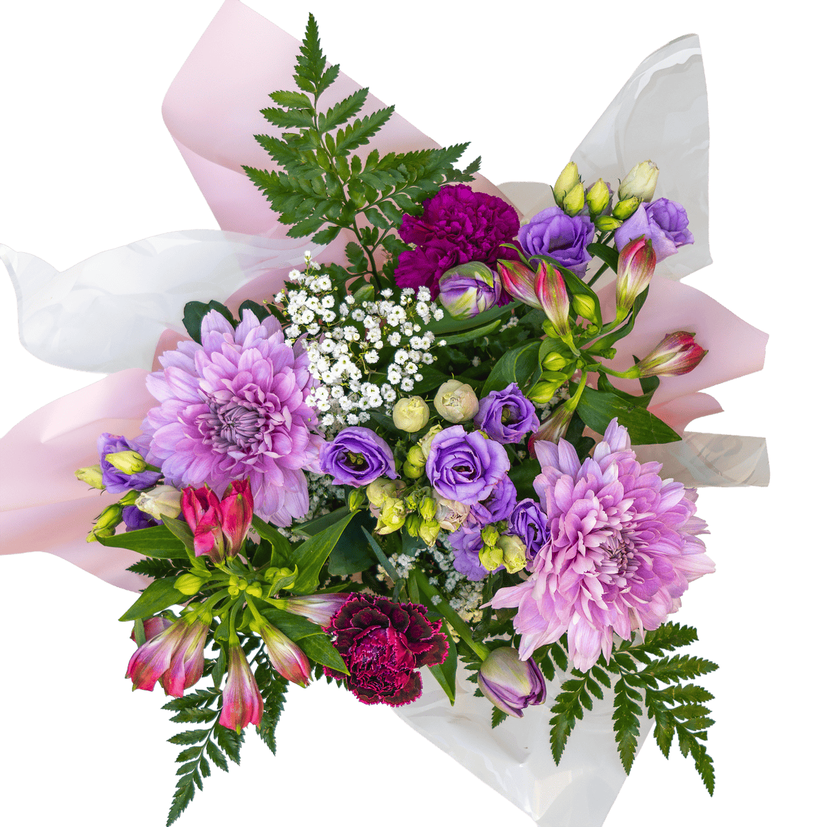 Overhead view of florist choice bouquet with purple chrysanthemums, pink alstroemeria, and green foliage.