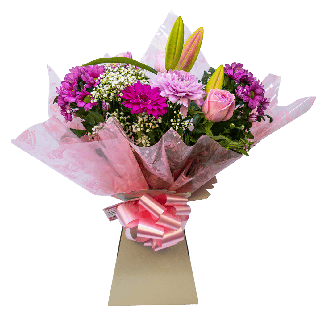 A beautiful hand-tied bouquet of seasonal pink flowers, including roses, gerberas, and lilies, presented in a gift-ready aqua box.