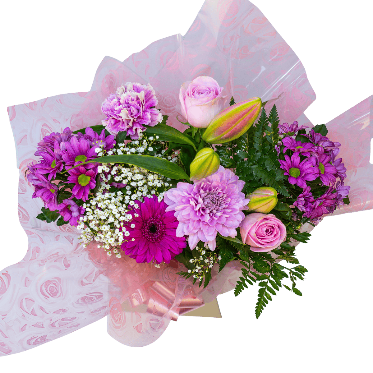 An overhead view of the Pretty Pink Bouquet, showing the fresh arrangement of seasonal flowers like roses, gerberas, and lilies.