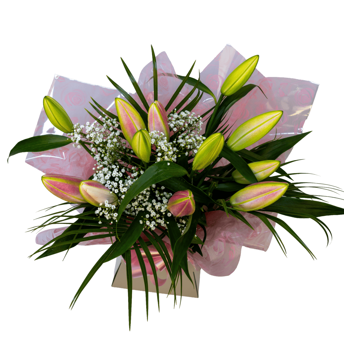 Beautiful bouquet of classic pink lilies in bud, wrapped in pink cellophane and presented in a living vase