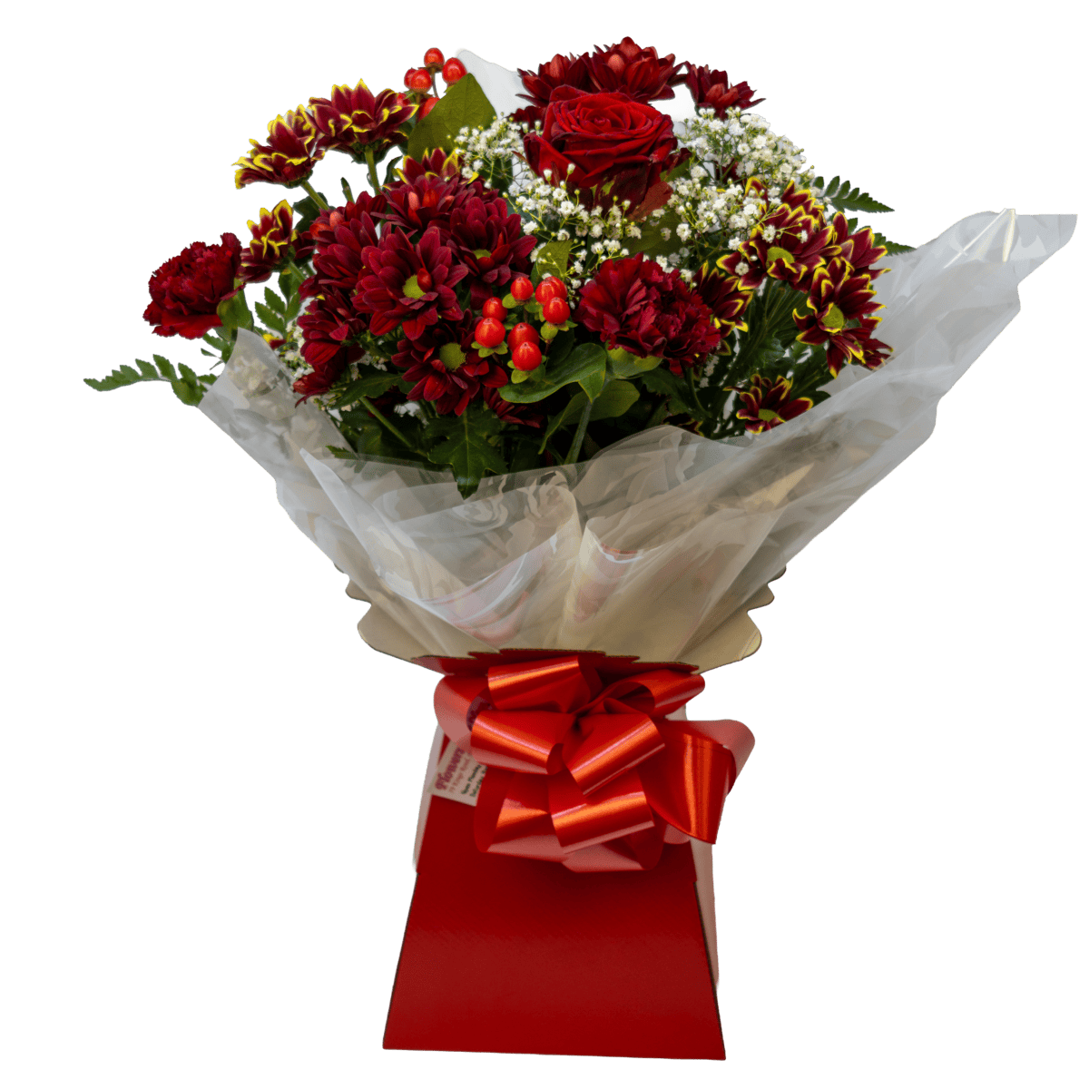 A vibrant hand-tied bouquet of seasonal red flowers, including a rose, carnations, and chrysanthemums, presented in a gift-ready red aqua box.