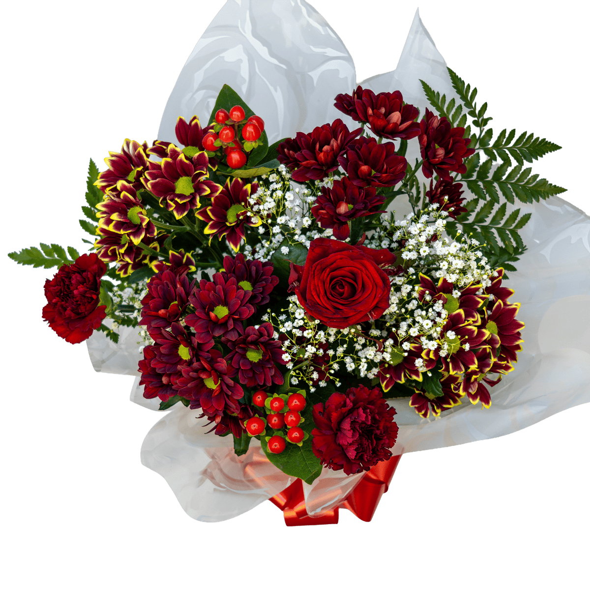 An overhead view of the Simply Red bouquet, showing the fresh arrangement of seasonal red flowers, berries, and a rose.