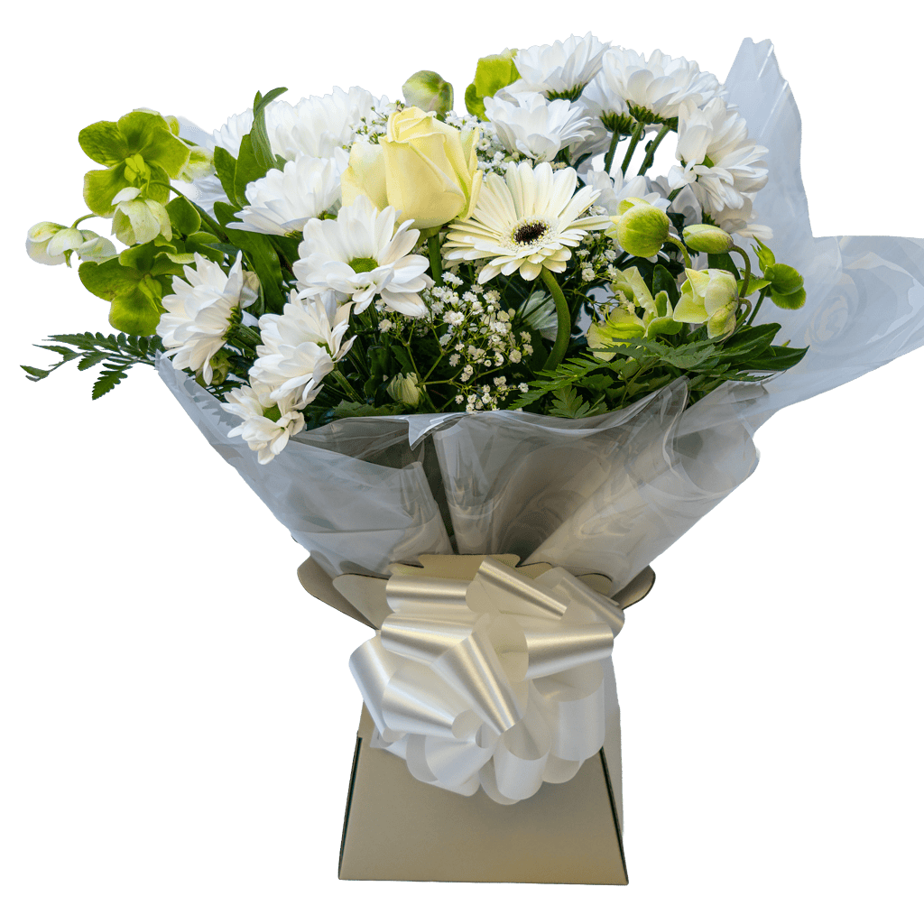 An elegant hand-tied bouquet of seasonal white flowers, including a rose, gerbera, and chrysanthemums, presented in a gift-ready aqua box.