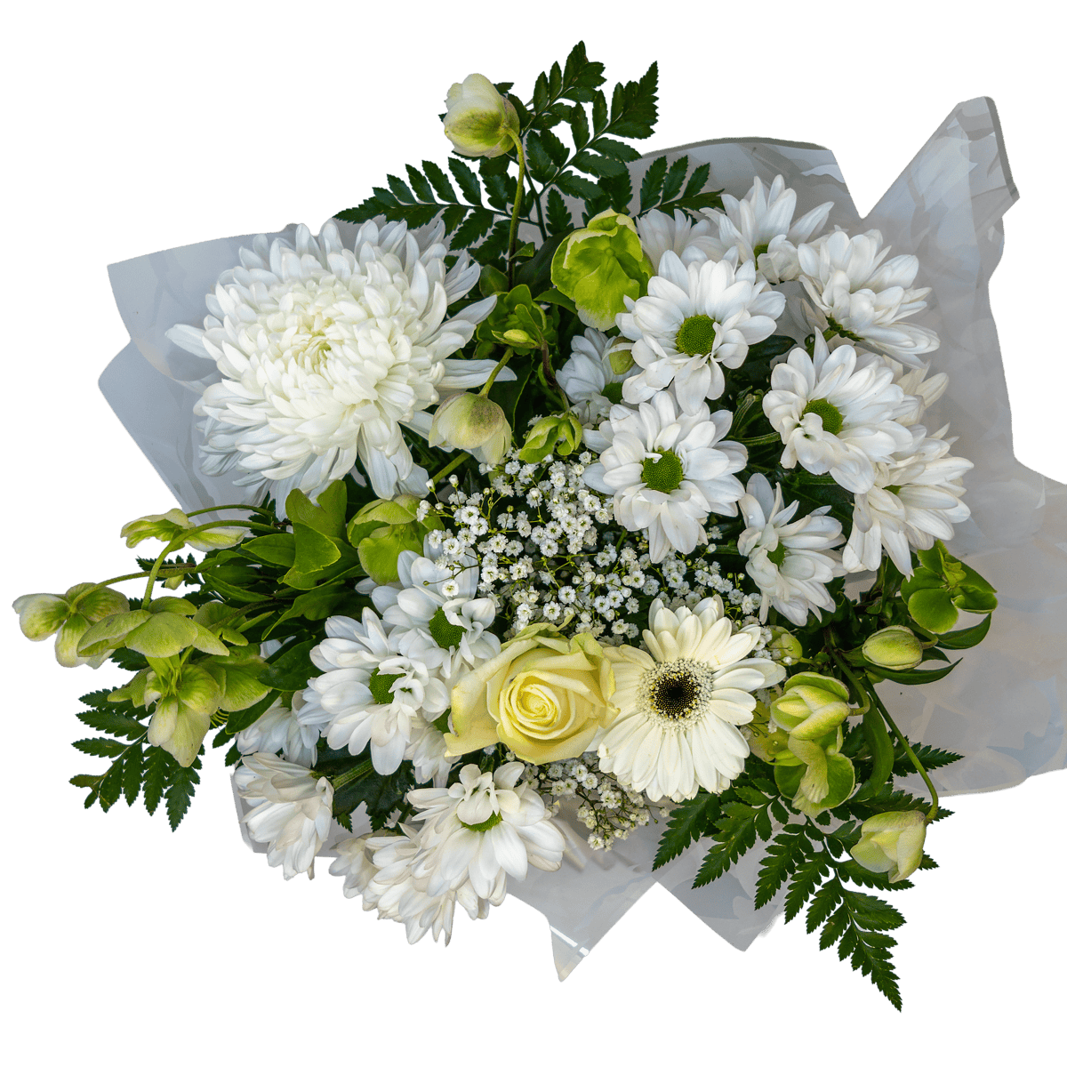 An overhead view of the Wonderfully White bouquet, showing the fresh arrangement of seasonal flowers like roses, gerberas, and chrysanthemums.