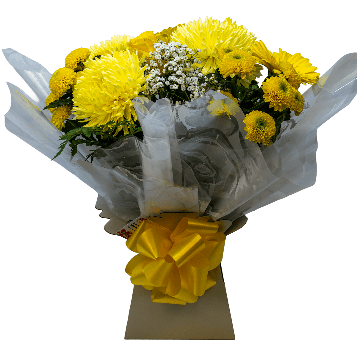 A cheerful hand-tied bouquet of seasonal yellow flowers, including chrysanthemums and gerberas, presented in a gift-ready aqua box.