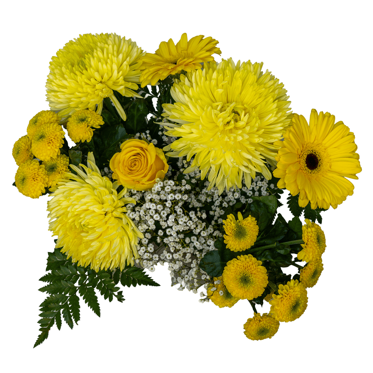 An overhead view of the Mellow Yellow bouquet, showing the fresh arrangement of seasonal yellow flowers like chrysanthems, gerberas, and a rose.